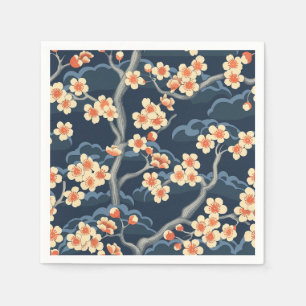 Servilleta De Papel Coral Crema Sakura Azul Marino Patrón Floral