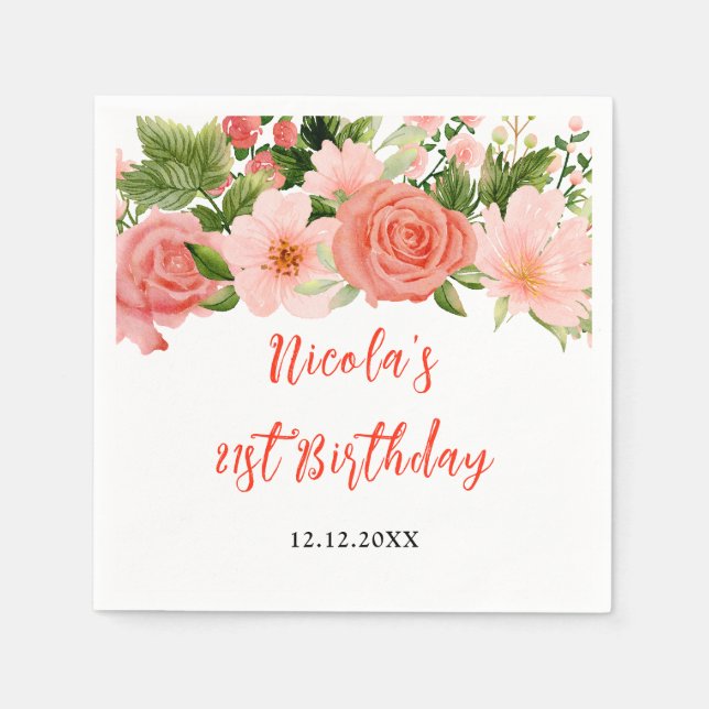 Servilleta De Papel Coral Pink Red Roses Floral Birthday (Anverso)