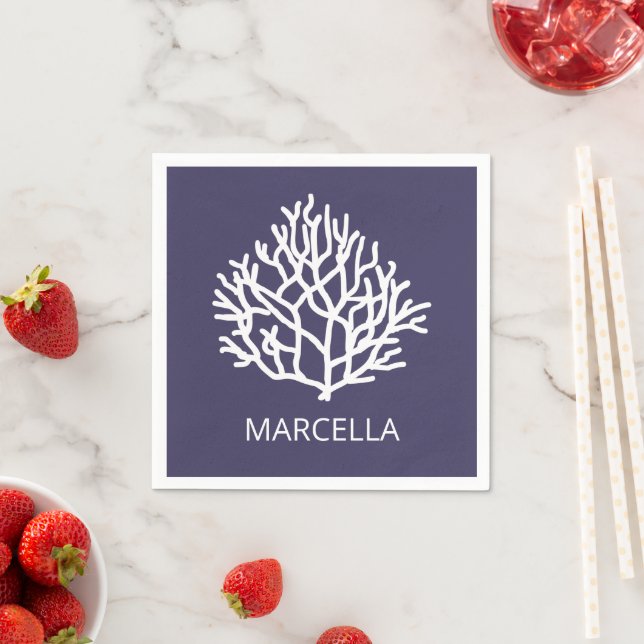 Servilleta De Papel Coral Reef Custom Name Summer Beach Navy (In situ)