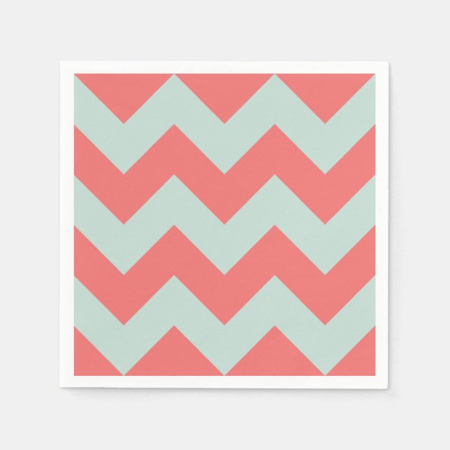 Servilleta De Papel Coral y Mint Green Chevron Moderno (Anverso)
