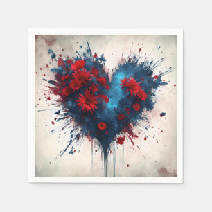 Servilleta De Papel Corazón azul en llamas con flores rojas