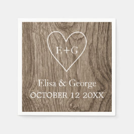 Servilleta De Papel Corazón con iniciales grano de madera boda rústico