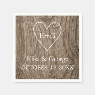 Servilleta De Papel Corazón con iniciales grano de madera boda rústico