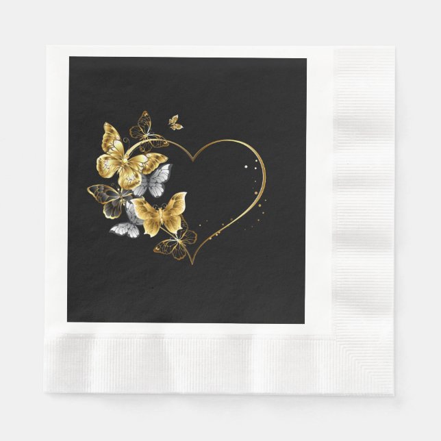 Servilleta De Papel Corazón con mariposas doradas (Anverso)