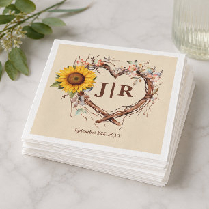 Servilleta De Papel Corazón de Girasol Rústico con Monograma de Boda