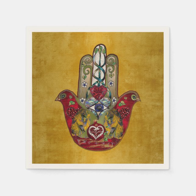 Servilleta De Papel Corazón de Granada Rojo de Pájaro Hamsa Rubí (Anverso)