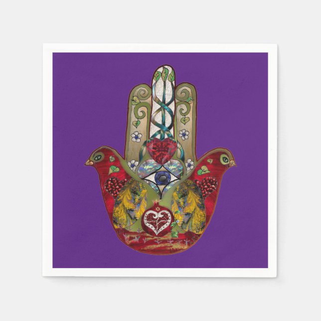 Servilleta De Papel Corazón de Granada Rojo de Pájaro Hamsa Rubí (Anverso)