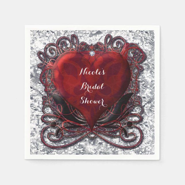 Servilleta De Papel Corazón Gótico Romántico Rojo Negro Plateado San V (Anverso)