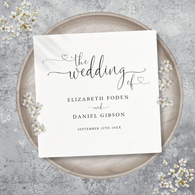 Servilleta De Papel Corazón negro y blanco Script Bodas (Black And White Heart Script Wedding Napkins)