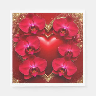 Servilleta De Papel Corazón Rojo Rodeado de Orquídeas Elegantes