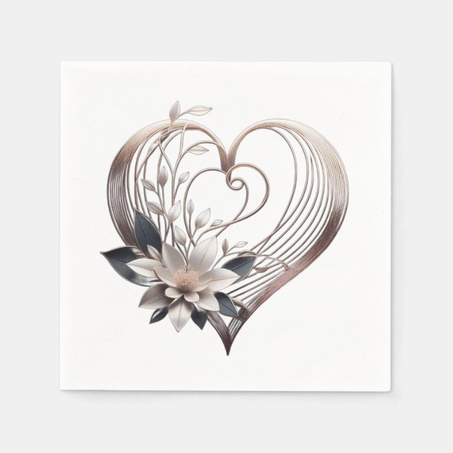 Servilleta De Papel Corazón rosado moderno con flores-Boda- (Anverso)