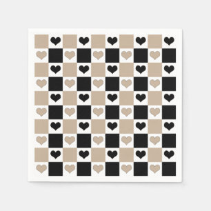 Servilleta De Papel Corazones de damero en taupe, negro y blanco