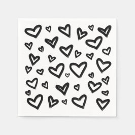 Servilleta De Papel Corazones de Doodle Pintados a Mano en Blanco y Ne