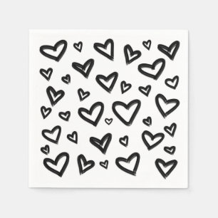 Servilleta De Papel Corazones de Doodle Pintados a Mano en Blanco y Ne