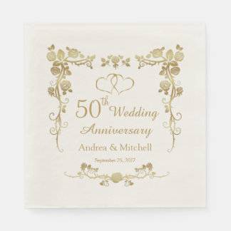 Servilleta De Papel Corazones florales de oro 50 aniversario Boda