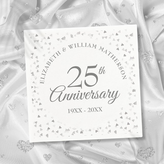 Servilleta De Papel Corazones plateados de 25 años (25th Wedding Anniversary Silver Hearts Napkins)