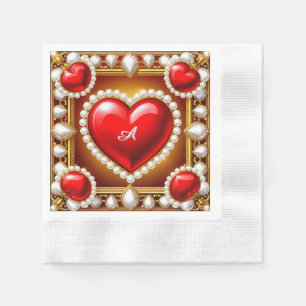 Servilleta De Papel Corazones rojos ornamentados con oro y perlas