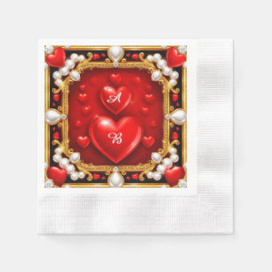 Servilleta De Papel Corazones rojos ornamentados con oro y perlas