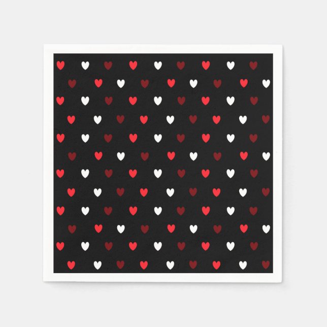 Servilleta De Papel corazones rojos y blancos sobre negro (Anverso)