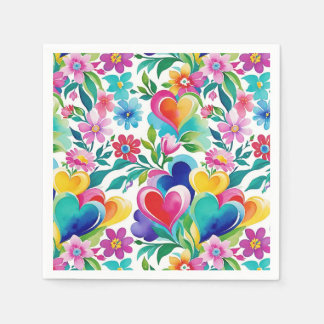 Servilleta De Papel Corazones Y Flores Brillantes Y Alegres