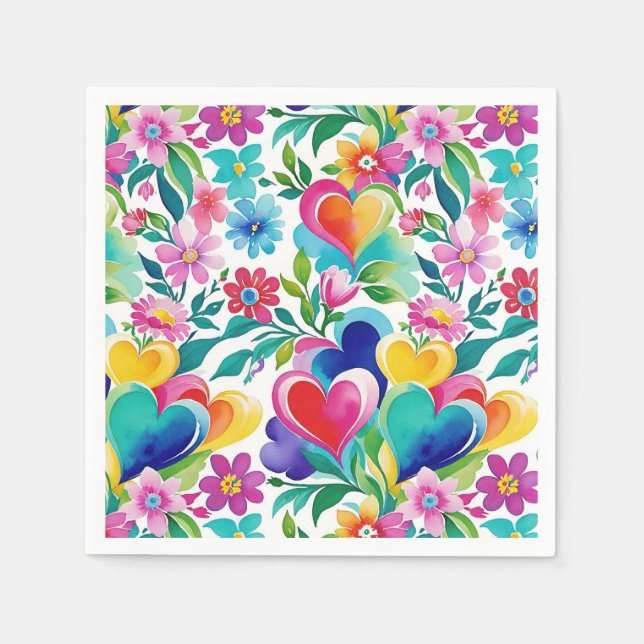 Servilleta De Papel Corazones Y Flores Brillantes Y Alegres (Anverso)