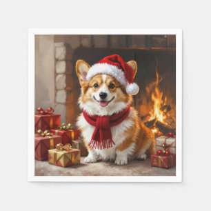 Servilleta De Papel Corgi de Navidad junto a la chimenea