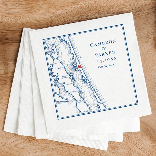 Servilleta De Papel Corolla NC Outer Banks Map Navy Elegant Wedding (Corolla NC Map Wedding Cocktail Napkins Outer Banks in Elegant Navy Blue by Coastal Map Desi)