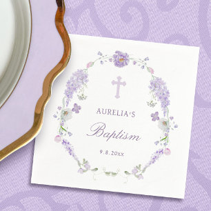 Servilleta De Papel Corona Bautizo Lila Lavanda Floral