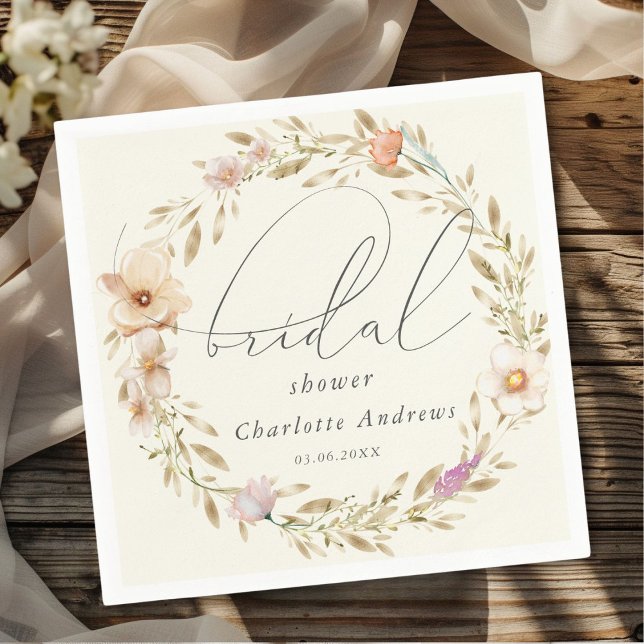 Servilleta De Papel Corona boho elegante, escritura a mano Bridal Show (Personalized, elegant, boho wreath, handwriting Bridal Shower Napkins)