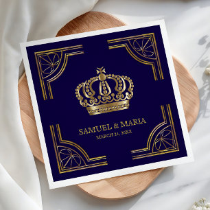 Servilleta De Papel Corona de boda azul elegante dorado ornamentado