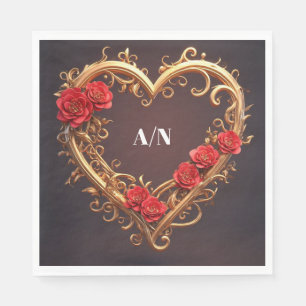 Servilleta De Papel Corona de corazón ornamental dorado con flores roj