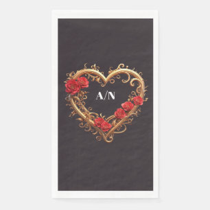 Servilleta De Papel Corona de corazón ornamental dorado con flores roj