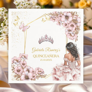 Servilleta De Papel Corona de Mariposa de Tiara Dorada Rosa Quinceañer