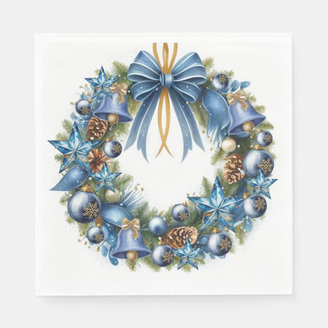 Servilleta De Papel Corona de Navidad Azul y Dorada (Anverso)