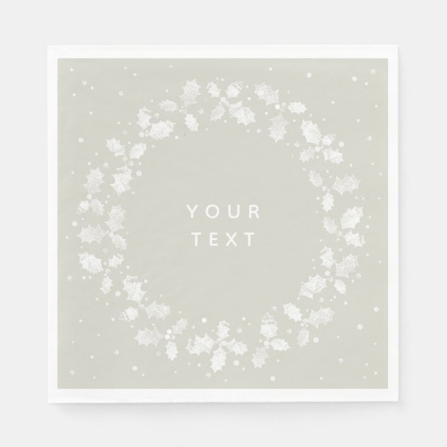 Servilleta De Papel Corona de Navidad de acebo impresa a mano en beige (Anverso)