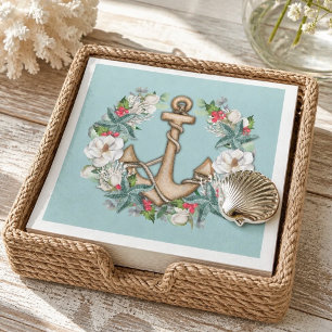 Servilleta De Papel Corona de Navidad Náutica y Ancla Verde Teal Cla
