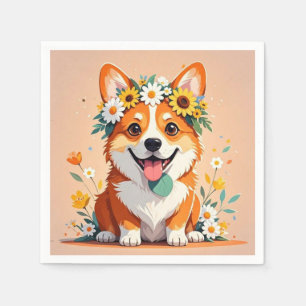 Servilleta De Papel Corona de perro de corgi alegre de margaritas y gi