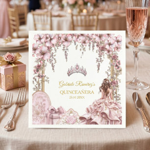 Servilleta De Papel Corona floral de quinceañera de oro y rosa rubor
