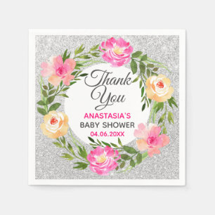 Servilleta De Papel Corona floral plateada y rosa Gracias Baby Shower