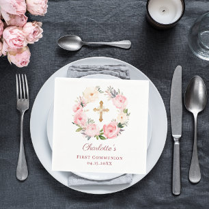 Servilleta De Papel Corona floral rosa niña merienda Primera Comunión