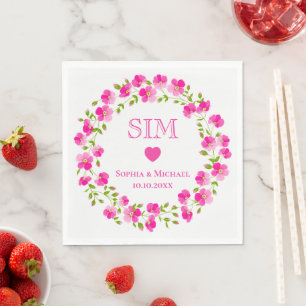 Servilleta De Papel Corona floral rosa vibrante, monograma de corazón 