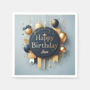 Servilleta De Papel Corona Real Azul Marino y Dorado Feliz Cumpleaños