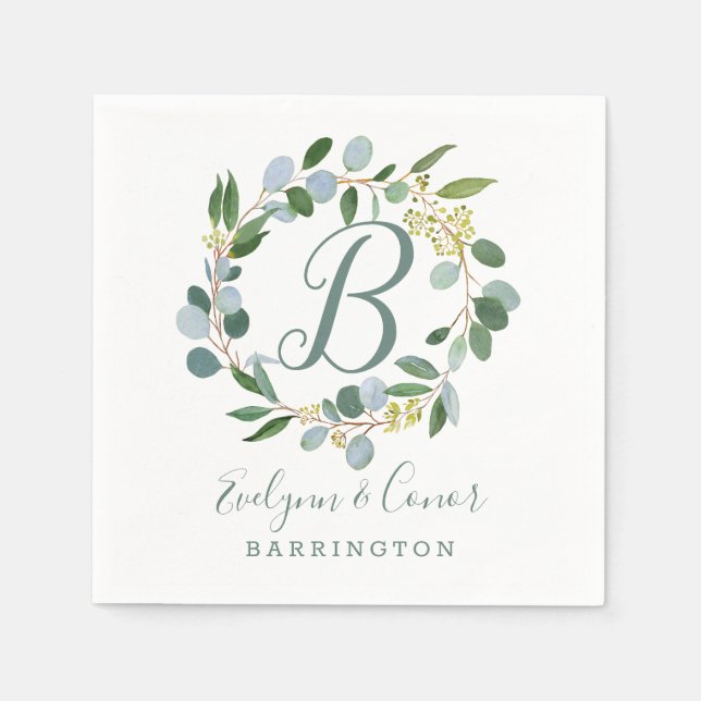 Servilleta De Papel Correa verde Boda monograma con eucalipto (Anverso)