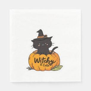 Servilleta De Papel Corto gato negro en calabaza con gorra de bruja, k