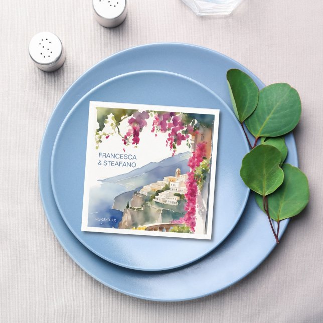 Servilleta De Papel Costa amalfitana Monograma mediterráneo impreso (Amalfi coast Mediterranean themed bridal shower wedding monogram printed Napkins)