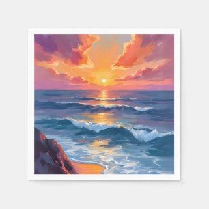 Servilleta De Papel Costa Dorada   Pintura Acuarela de la puesta del s