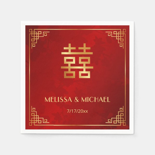 Servilleta De Papel Costumbre China de Boda Rojo Oro (Anverso)