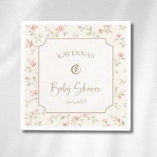 Servilleta De Papel Cottagecore Flores Rosadas Sage Doradas Baby Showe