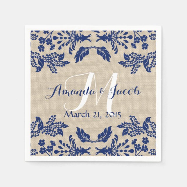Servilleta De Papel Country Garden Damask Blue y Burlap (Anverso)