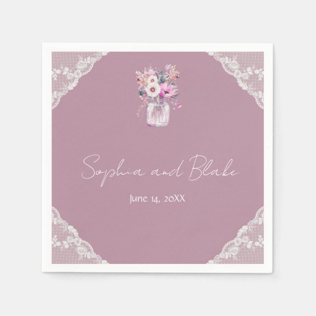 Servilleta De Papel Country Lace Mason Jar Boda Rosa (Anverso)